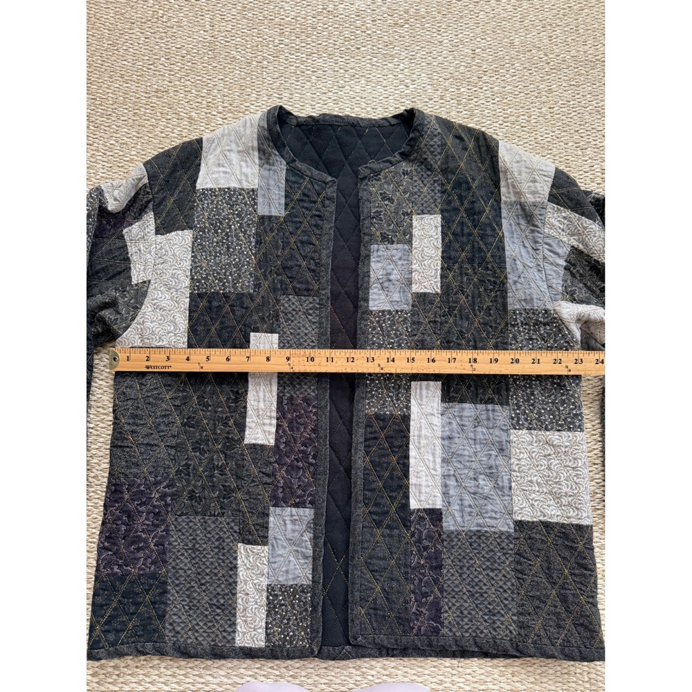 Handmade Quilted Patchwork Jacket Open Front Cardigan Black Grey Boho XL - Picture 6 of 7